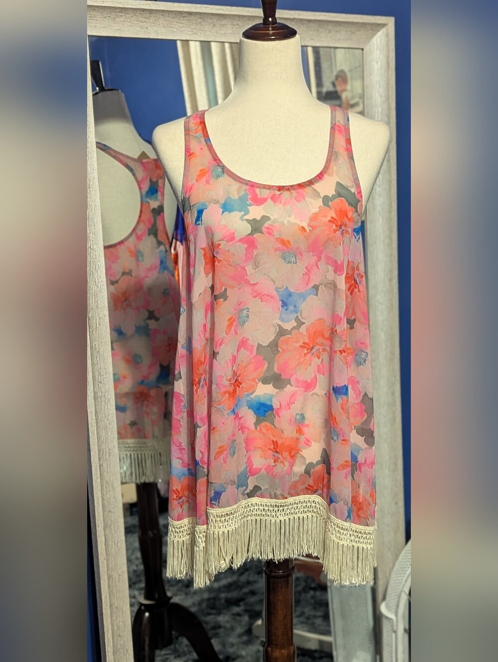 Floral Pink & Coral Fringe Tank Top